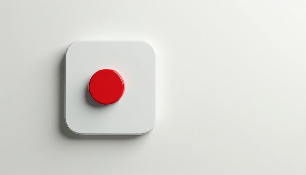 Simple white square with rounded corners holds a single bright red circular button at its center. Clean minimal design features basic geometric shapes and bold color contrast.