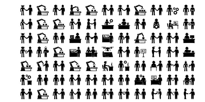Futuristic Robots and Humans in Various Industrial and Office Settings Vector Icons
