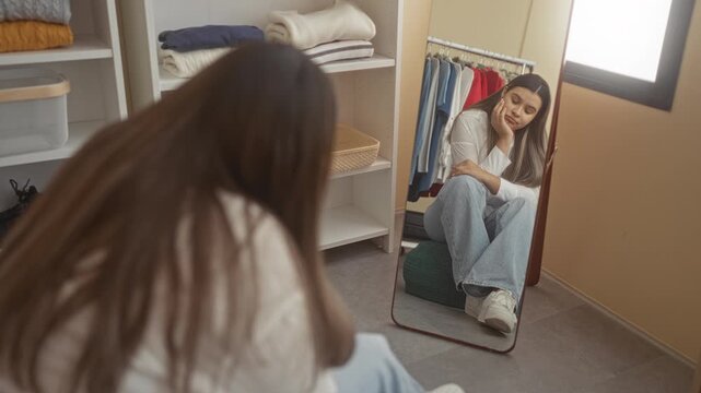 Young woman seated on pouf, hand on cheek, trying on jeans and sneakers while gazing at full length mirror in closet; contemplation.