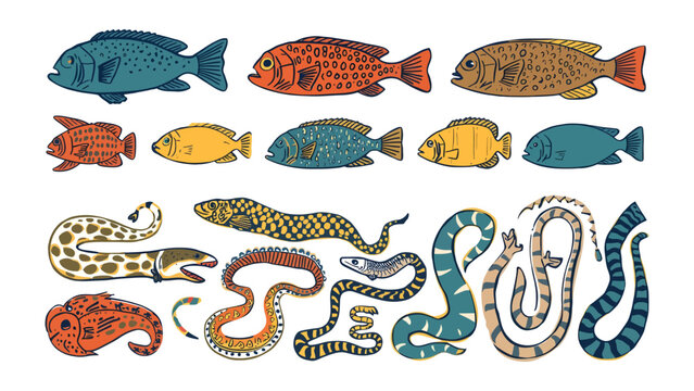 A Colorful Collection of Aquatic Creatures: A vibrant assortment of marine life, including diverse fish and serpentine aquatic animals, rendered in a detailed and artistic illustration.