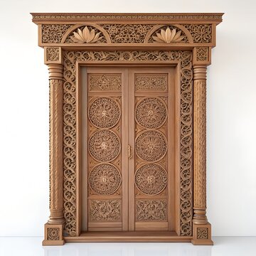 Intricately carved traditional wooden door with ornate architectural details.