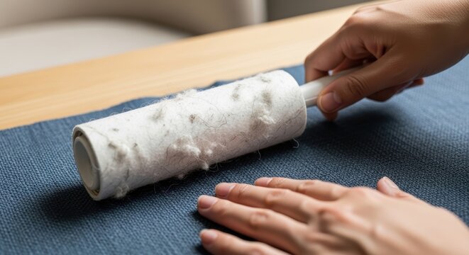 A person uses a sticky lint roller to remove dust, lint, and pet hair from a blue fabric surface.
