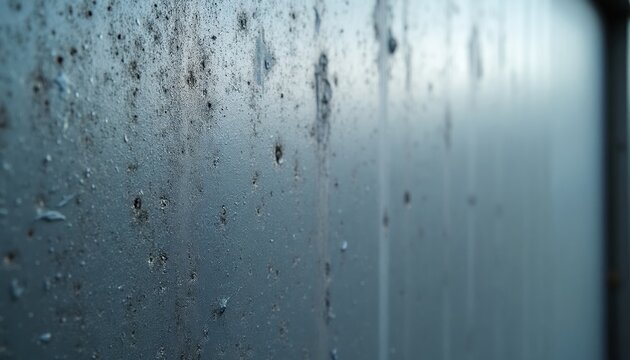 Close up abstract shot of textured galvanized steel panel with water drops. Gray metal surface shows wear and small dark spots. Modern industrial background.