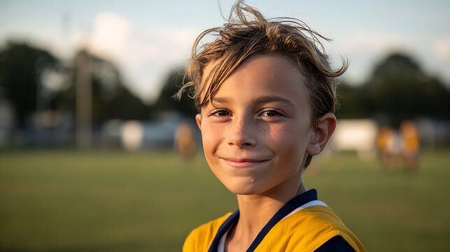 Joyful young boy with bright eyes and a happy smile stands on a green outdoor field at sunset, radiating youthful energy and contentment