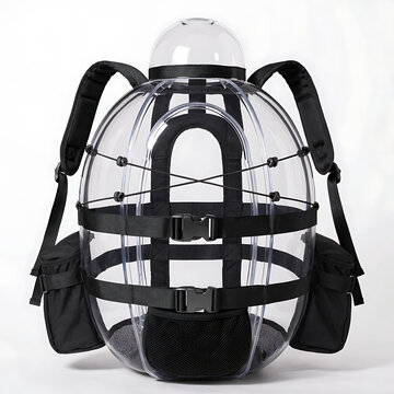 Clear plastic pet carrier backpack with black straps isolated on white background