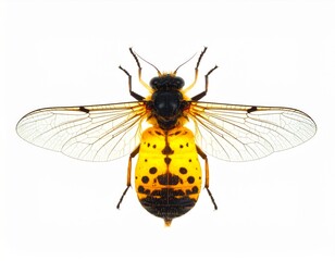 Fototapeta premium Detailed Top View Of A Yellow And Black Striped Hoverfly Insect With Transparent Wings Isolated On White