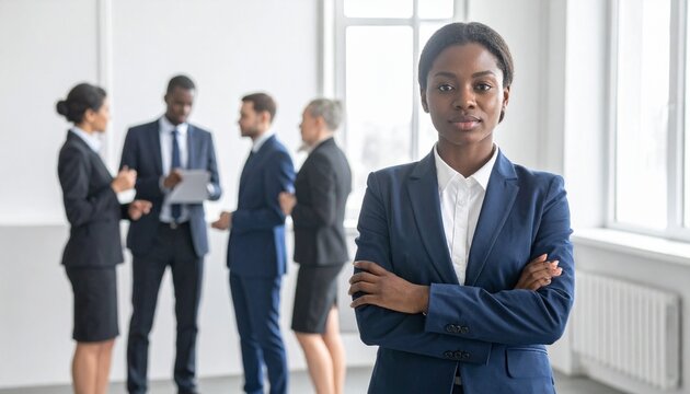 A confident leader stands forward, arms crossed, symbolizing authority, vision, and resilience, while teamwork thrives behind, embodying collaboration, progress, and the modern spirit of corporate uni