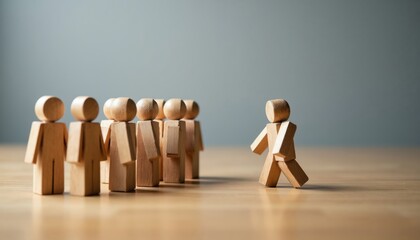 Wooden figures show group conformity with one person stepping away. Represents individuality, leadership, and breaking from the norm. Teamwork contrast, decision making concept.