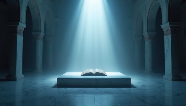 Open Quran book on pedestal, illuminated by divine light beam. Mosque interior with marble columns and floor. Peaceful spiritual atmosphere, worship and prayer concept for Ramadan or Laylatul Qadr.