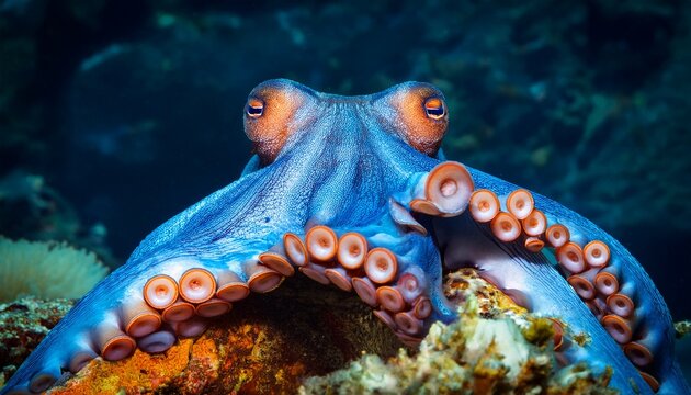 blue octopus with orange suction cups underwater photography