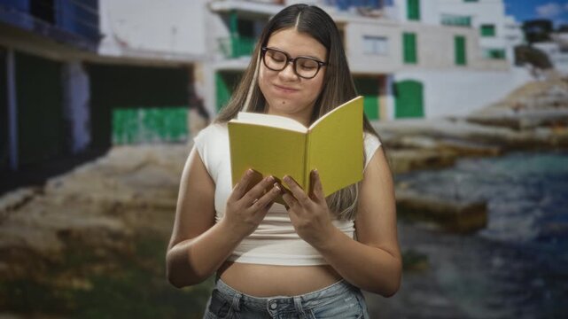 Young woman reading a yellow book, bare midriff visible, holding book with both hands in front of a white coastal building; quiet concentration.