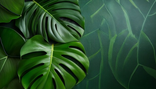 monstera leaves create a lush and vibrant green background with a textured artistic touch