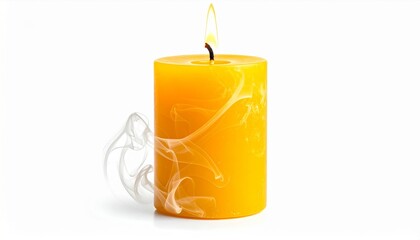 Obraz premium Yellow Pillar Candle Burning Brightly With White Wax Drips on White Background Studio Shot