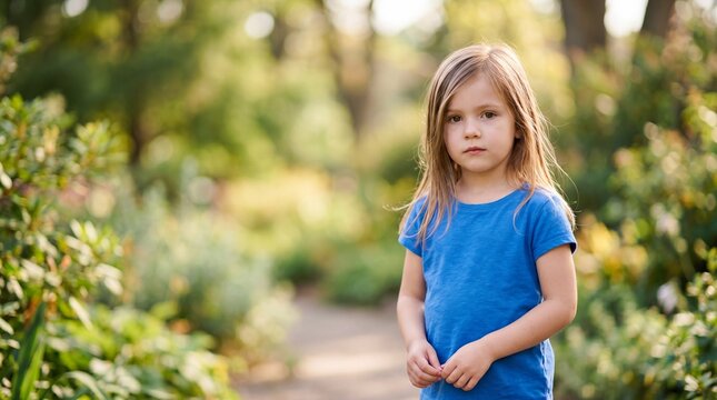 Girl standing alone on garden path with clasped hands. Worried young child in nature surrounded by greenery. Awareness symbol for international missing children day