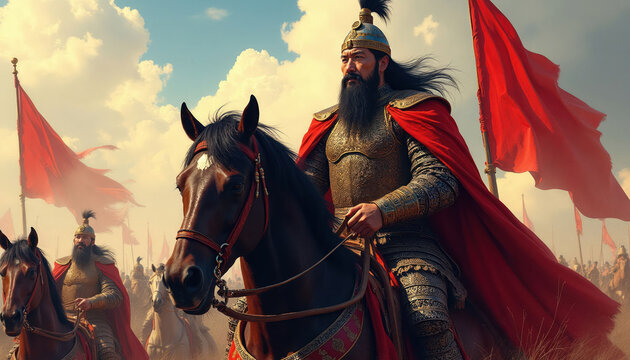 Mongol leader on horseback with red cape and armor. Warriors with red flags follow across the field. Army advances under cloudy sky. Conquest and battle theme. Epic historical scene.