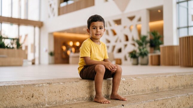 Young boy sitting alone on steps in modern lobby. Awareness for international day of missing children. Concept of lost child in public space for safety campaigns