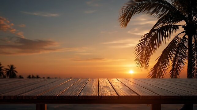 Exotic sunset backdrop with teak wood surface for product placement