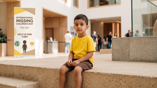 Boy sitting pensively on steps in modern atrium near international missing childrens day banner. Awareness for global child safety on May 25th. Help find missing children campaign concept