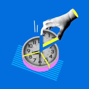 Time management concept. Modern collage with clock in the shape of pie chart. Business analytics. Marketing analysis. Timekeeping. Time tracking