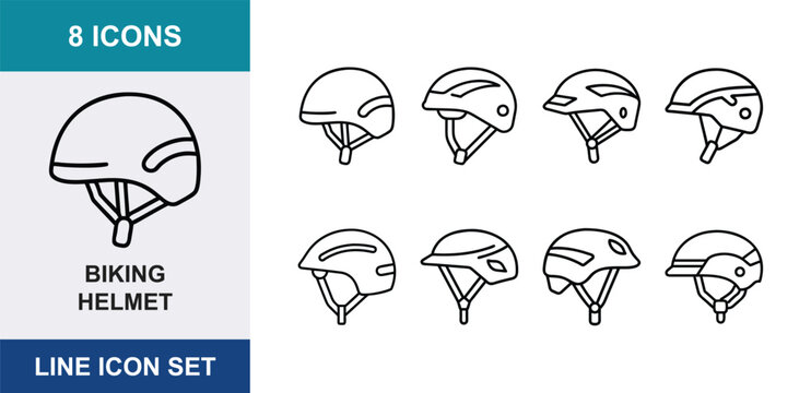 8 Biking helmet linear icon set bicycle head protection gear, UI and web interface design