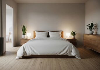 Fototapeta premium Serene bedroom with minimalist decor and natural lighting