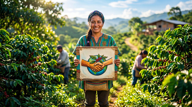 Indigenous woman farmer holding fair trade artwork with handshake over world and coffee beans in lush plantation. Concept of equitable trade and rural development in mountainous landscape