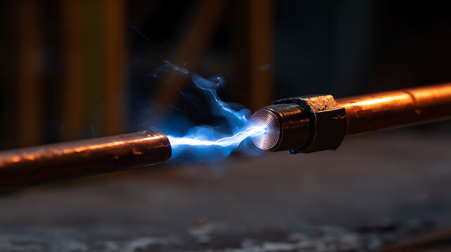 Intense blue electric arc connects two metal pipe ends, generating heat and smoke in a dark industrial environment