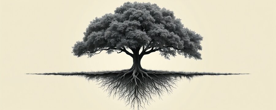 Large old oak tree with extensive root system visible. Branches spread wide forming canopy. Illustration shows balanced growth above ground and deep roots anchoring.