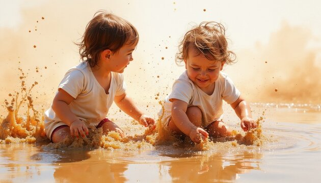 Two young children play joyfully in muddy water splashing. One child laughs as they dig in sand, other watches. Toddlers have fun outdoors together during warm weather, enjoying summer day playtime.