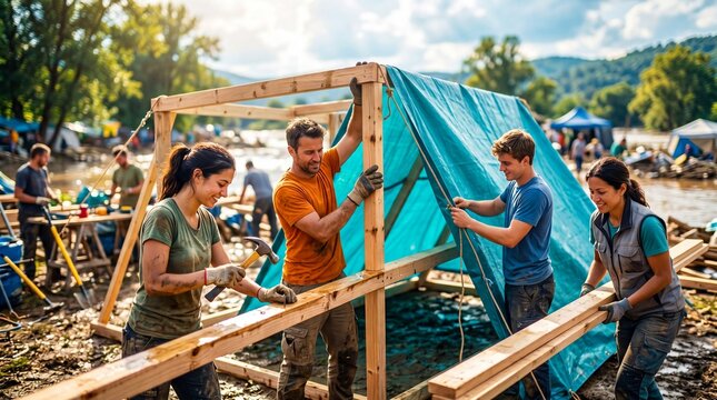 Diverse group of men and women volunteers constructing emergency shelter with wood frame and blue tarp beside muddy river. Humanitarian aid workers providing disaster relief in flood recovery effort