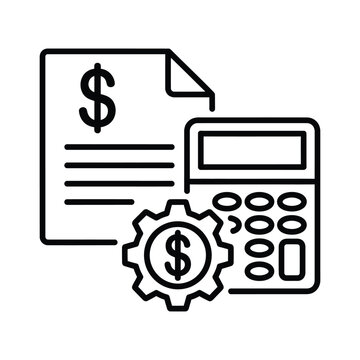 Financial document calculator and gear icon for business accounting and cost management accounting calculator
