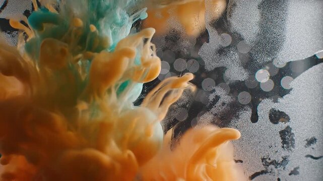 Vibrant orange and teal liquid abstract with contrasting fluid swirls and dynamic color splash motion.