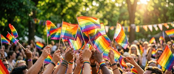Celebrating lgbtq+ pride vibrant rainbow flag rally in urban park colorful gathering of supporters joyful atmosphere community spirit