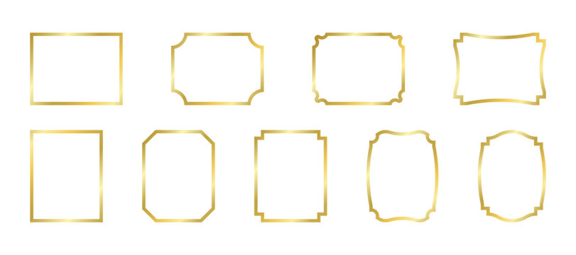 Decorative gold rectangle frames for note text, line set. Vintage rectangular golden shape. Highlight and underline text box, decorative border. Vector isolated illustration
