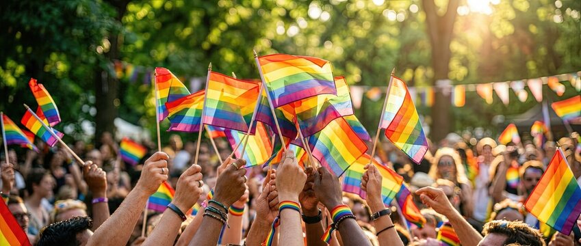 Celebrating lgbtq+ pride vibrant rainbow flag rally in urban park colorful gathering of supporters joyful atmosphere community spirit