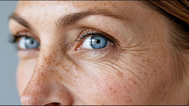 Mature woman with blue eyes and freckles showing expression lines and crow's feet wrinkles, representing the concept of aging, eyesight, and skincare for women