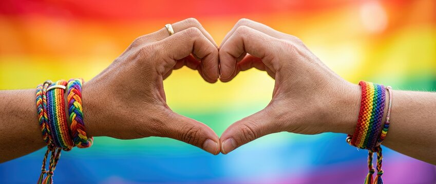 Celebrating love and unity at pride event urban setting hands forming heart gesture rainbow background close-up perspective inclusivity and acceptance theme