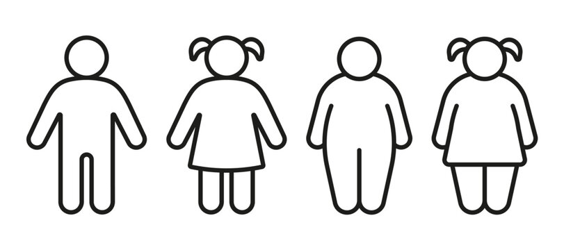 Normal body and with overweight children, line icon boy and girl. Obese. Kids outline silhouette. Symbol little people. Vector illustration