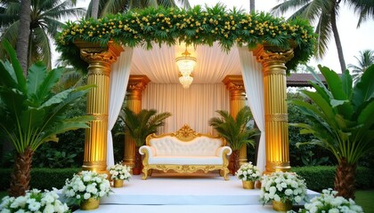 Naklejka premium Golden wedding mandap outdoor stage with white sofa, rich plants, floral decor, tropical palms. Elegant Indian marriage ceremony setup. Chandelier hangs above ornate canopy.