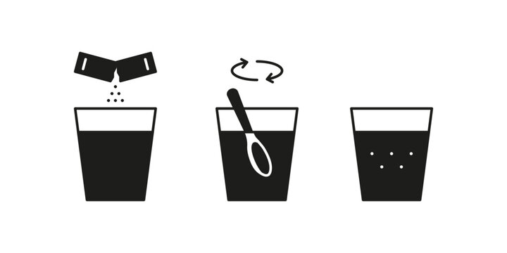 Pour sachet bag with soluble powder into glass of water icon. Open paper pack stick with powder and stir. Soluble bag medication or food sugar, salt, coffee. Symbol pouch. Vector illustration