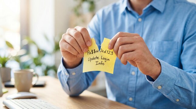 Man tearing yellow sticky note with weak password PaSSwOrd123 and update login info message. Office worker reminding to change insecure