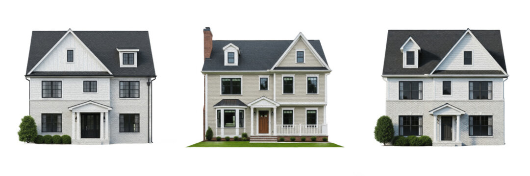 Traditional Two Story American Suburban House Architecture with Gabled Roof and Porch Isolated on White Background for Real Estate Listings Home Insurance and Family Residential Design