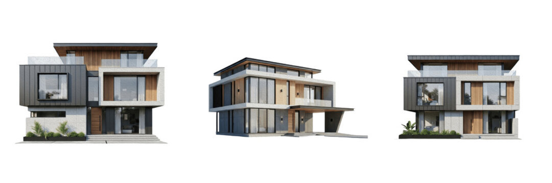 Luxury Contemporary Two Story House Architectural 3D Rendering with Large Glass Windows and Flat Roof Isolated on White Background for Real Estate Marketing and Suburban Home Design
