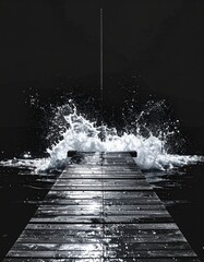 Fototapeta premium Wooden Pier Over Dark Water With Bright Splash Illuminated by Dramatic Light