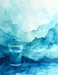 Glass of Water Against Abstract Blue Watercolor Mountain Landscape Background