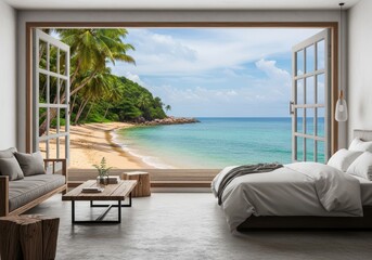 Fototapeta premium Tranquil bedroom with a breathtaking view of a tropical beach and ocean
