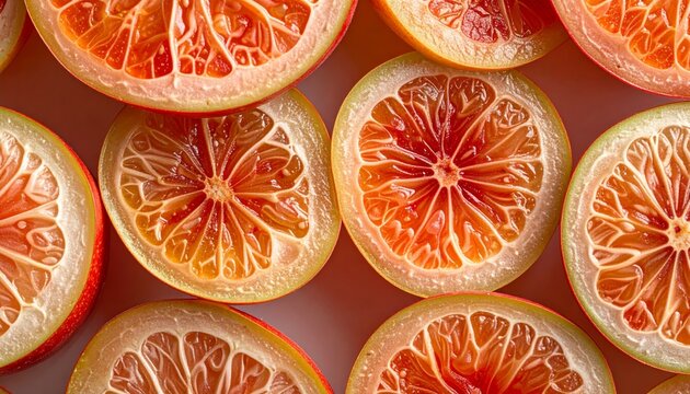 Close-up of Vibrant Pink Grapefruit Slices with Sugared Rinds and Juicy Segments Illuminated by Soft Light