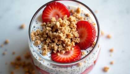 Glass of chia seed pudding topped with fresh strawberries and crunchy granola. Layers of yogurt and fruit create a vibrant, healthy breakfast or dessert.