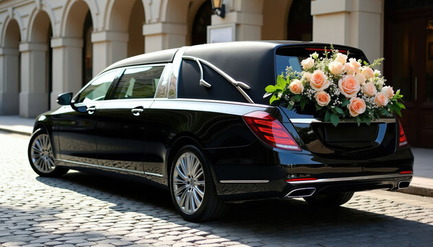 Black funeral hearse decorated with peach roses and greenery parked on cobblestone street. Ornate chrome accents adorn vehicle. Elegant floral arrangement on rear.