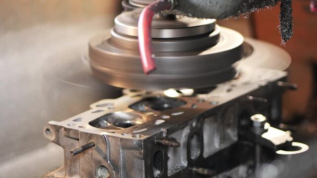 Handheld video shows CNC surface grinding of cylinder head face with rotating metal component and cutting tool removing material in precision machining workshop 2026